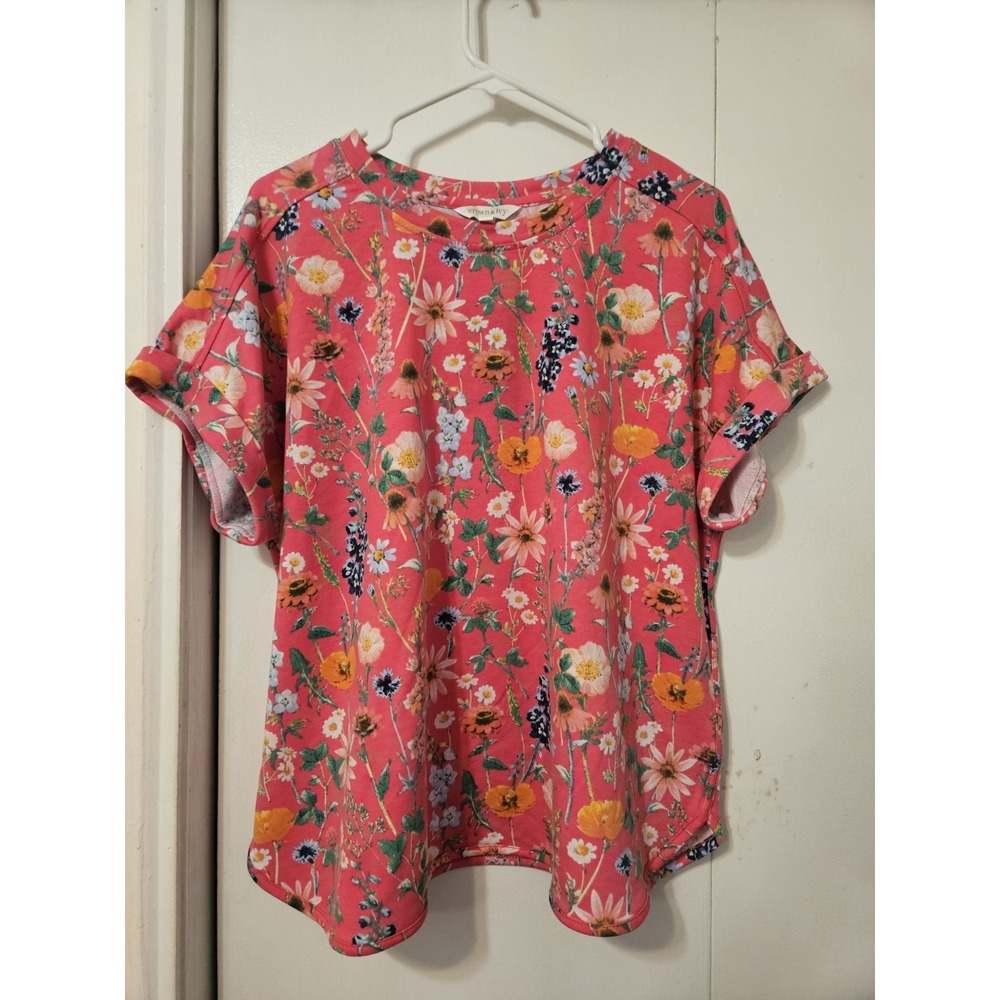 Crown & Ivy Pink Floral Short-sleeve Top Wildflower Print Cuffed Sleeves. NWT XL